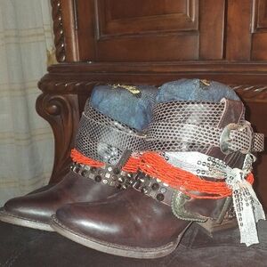 Freebird by Steven Brown Leather Ankle Boots with Orange Bead & Denim Cuff